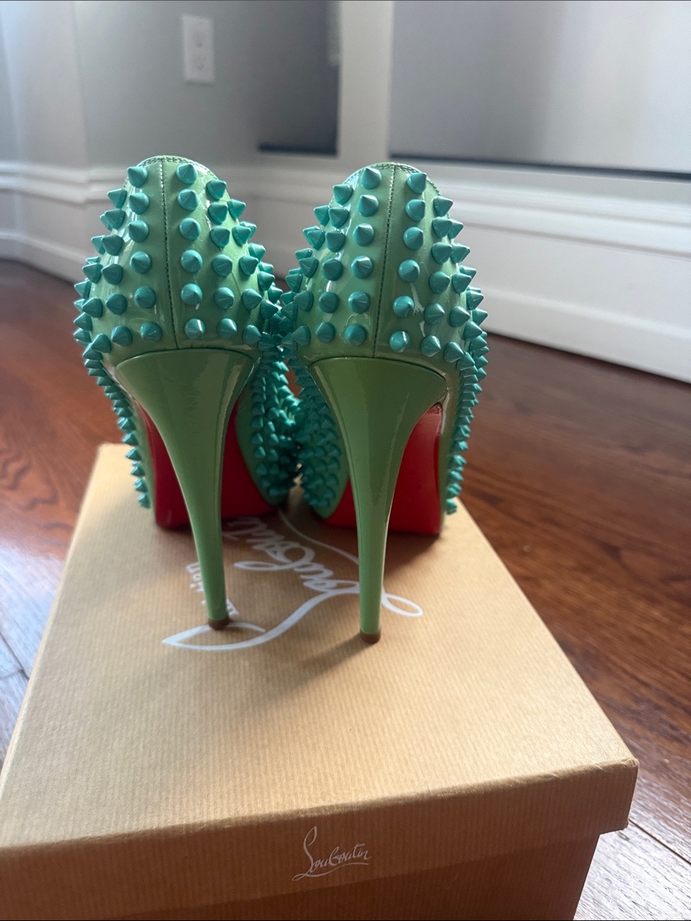 Christian Louboutin Turquoise Spike Peep-Toe Heels - Picture 2 of 5